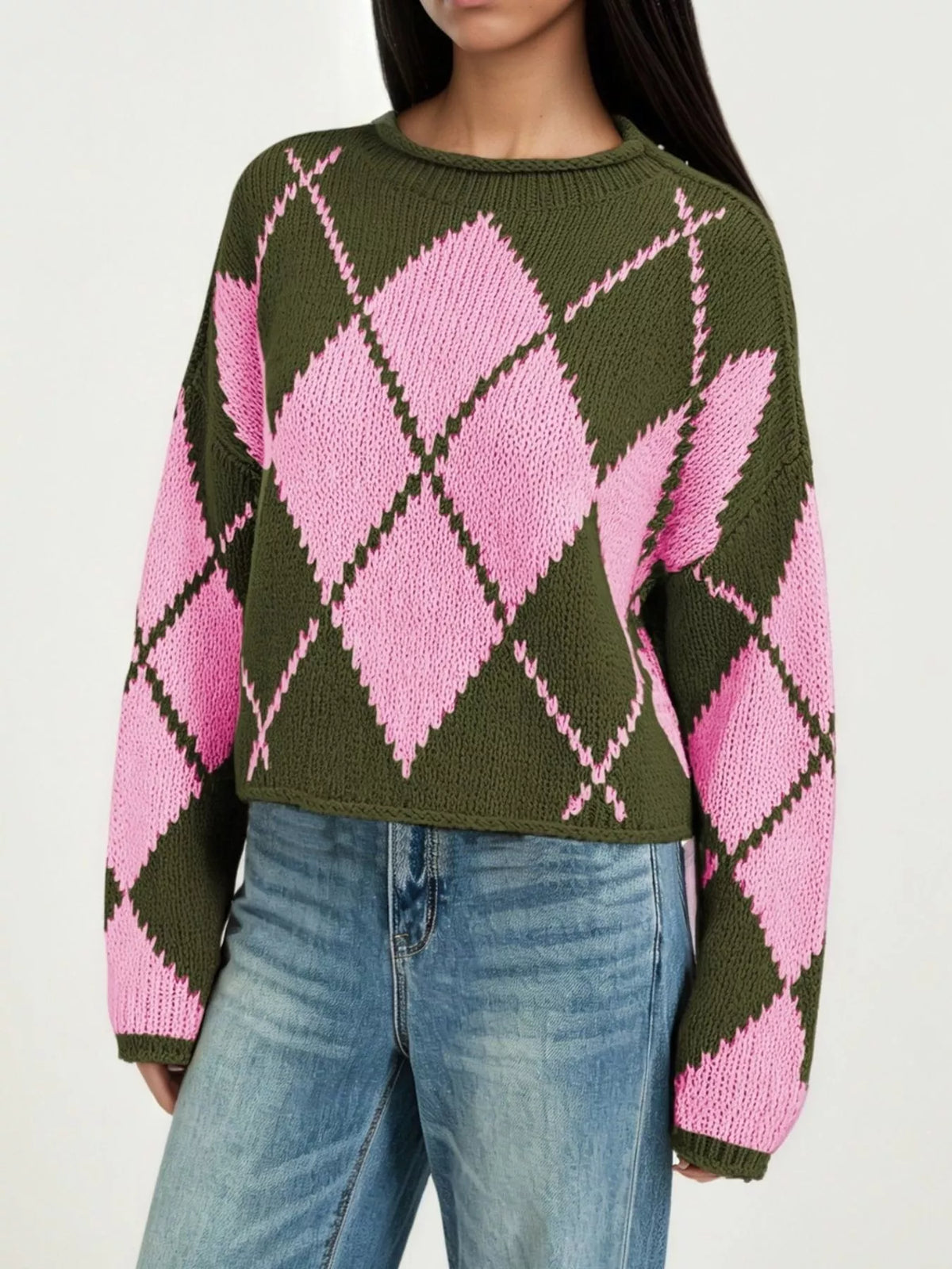 Argyle Pattern Knit Dropped Shoulder Sweater
