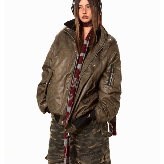 American-style Fake Two-piece Suede Bomber Jacket Cotton-padded Jacket