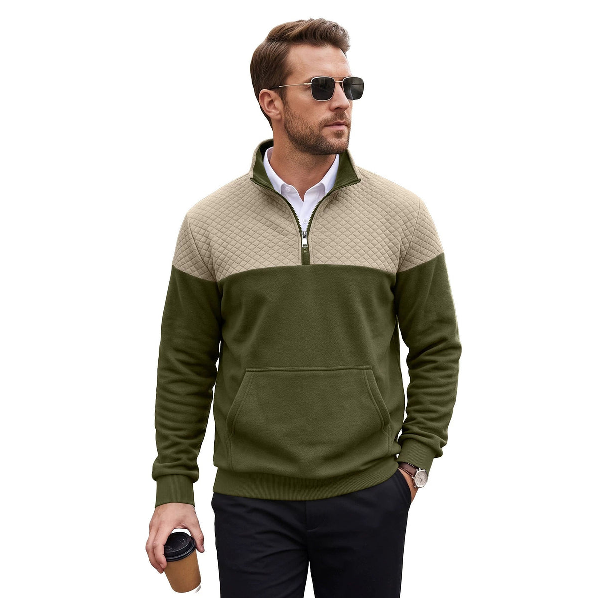 Cross Border American Men's Waffle Casual Stand Collar Zipper Pullover Small Square Long Sleeve Sweater TK Rhombus Jacket