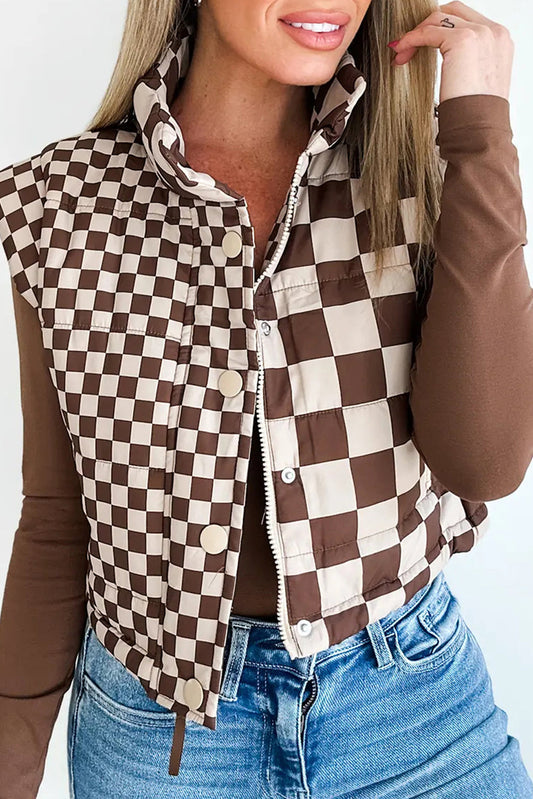 Chaleco acolchado corto con cuello alto a cuadros marrones