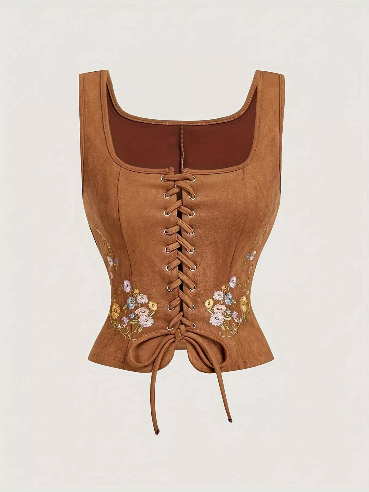 Floral Embroidered Lace-Up Vest Coat