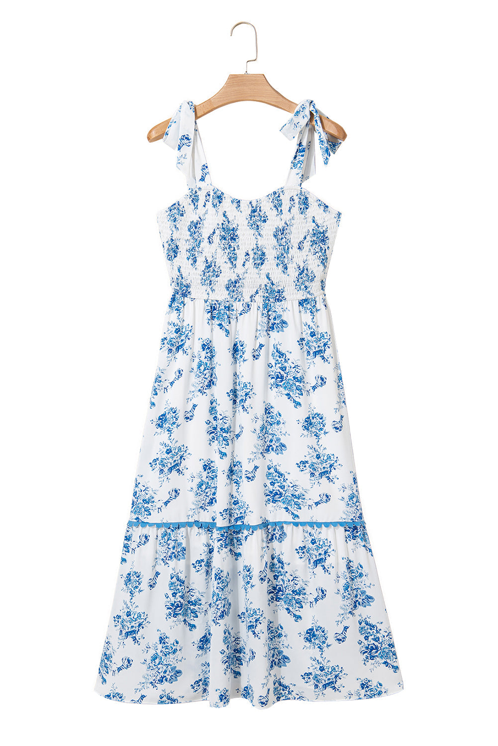 Vestido largo sin mangas con nudo en los hombros, fruncido y estampado floral azul cielo
