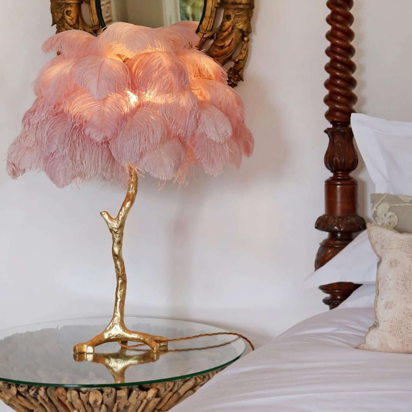 Lámpara de Mesa con Plumas de Avestruz