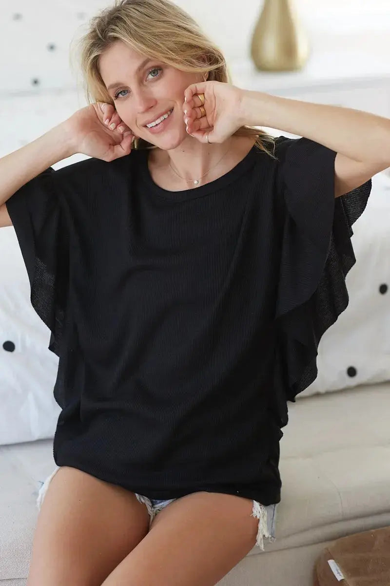 Women's Thermal Knit Top Thermal Top - Knit Ruffle Sleeve - Women's