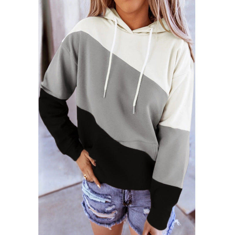 Women Long Sleeve Stitching Hooded Printed Sweatshirt