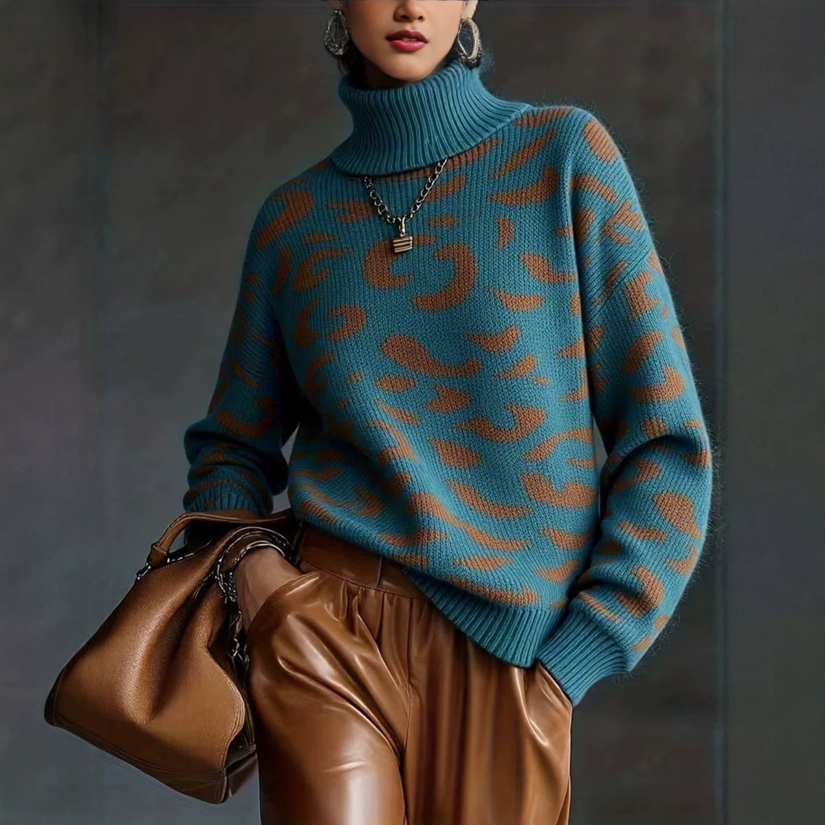 2026 New Women Leopard Print Knitted Sweater, Fall Winter Oversized Loose Turtleneck Pullover, Casual Warm Knit Top