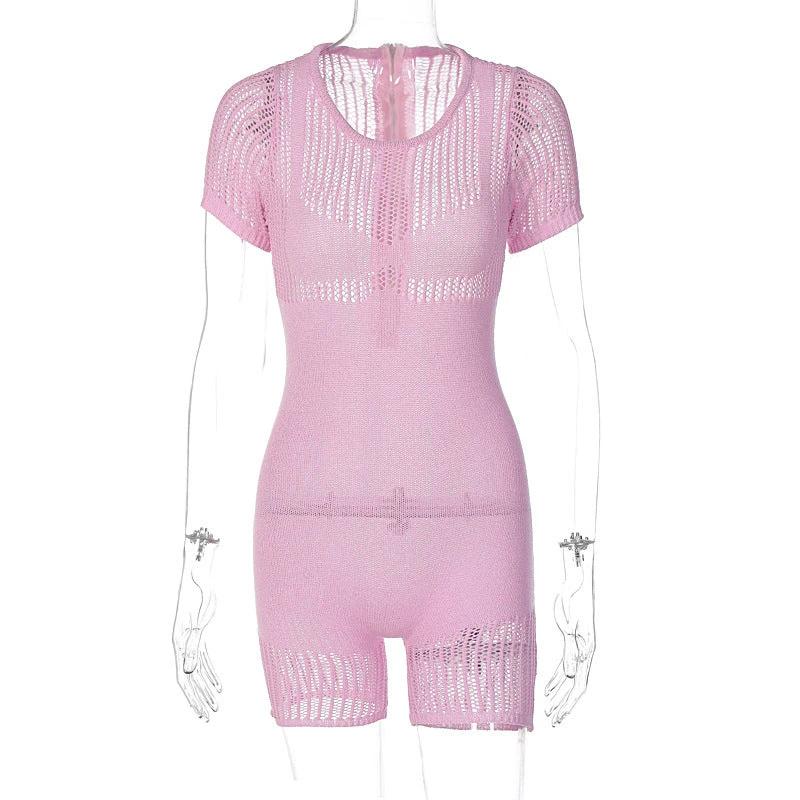 Women's Zipper Hollow-out Tight Hip Lifting Knitted Short Romper