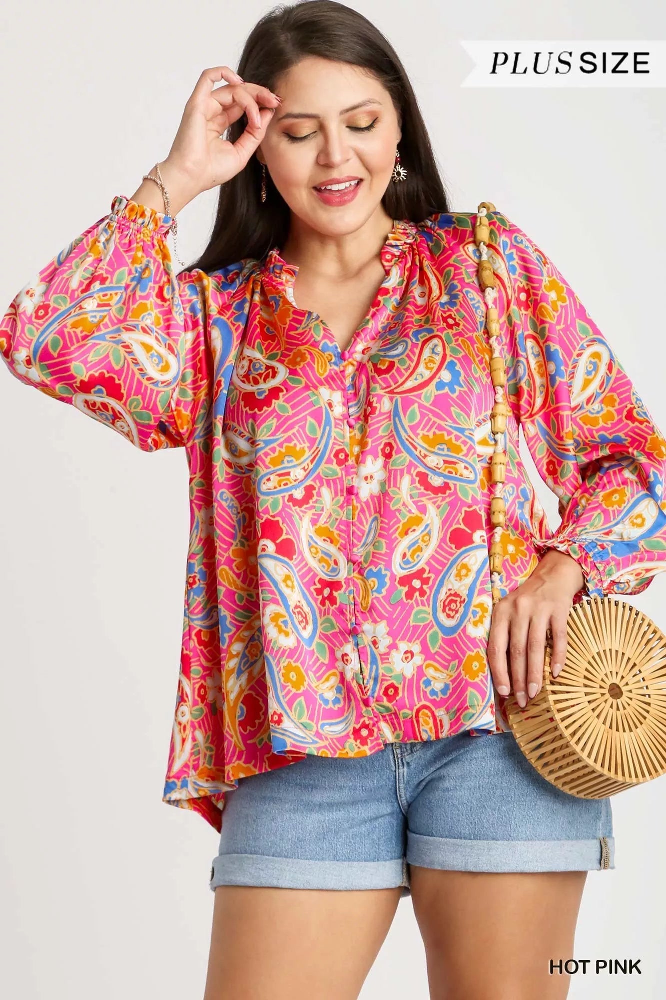 Full Size Satin Paisley Ruffle Neck Button-Up Shirt Plus Size
