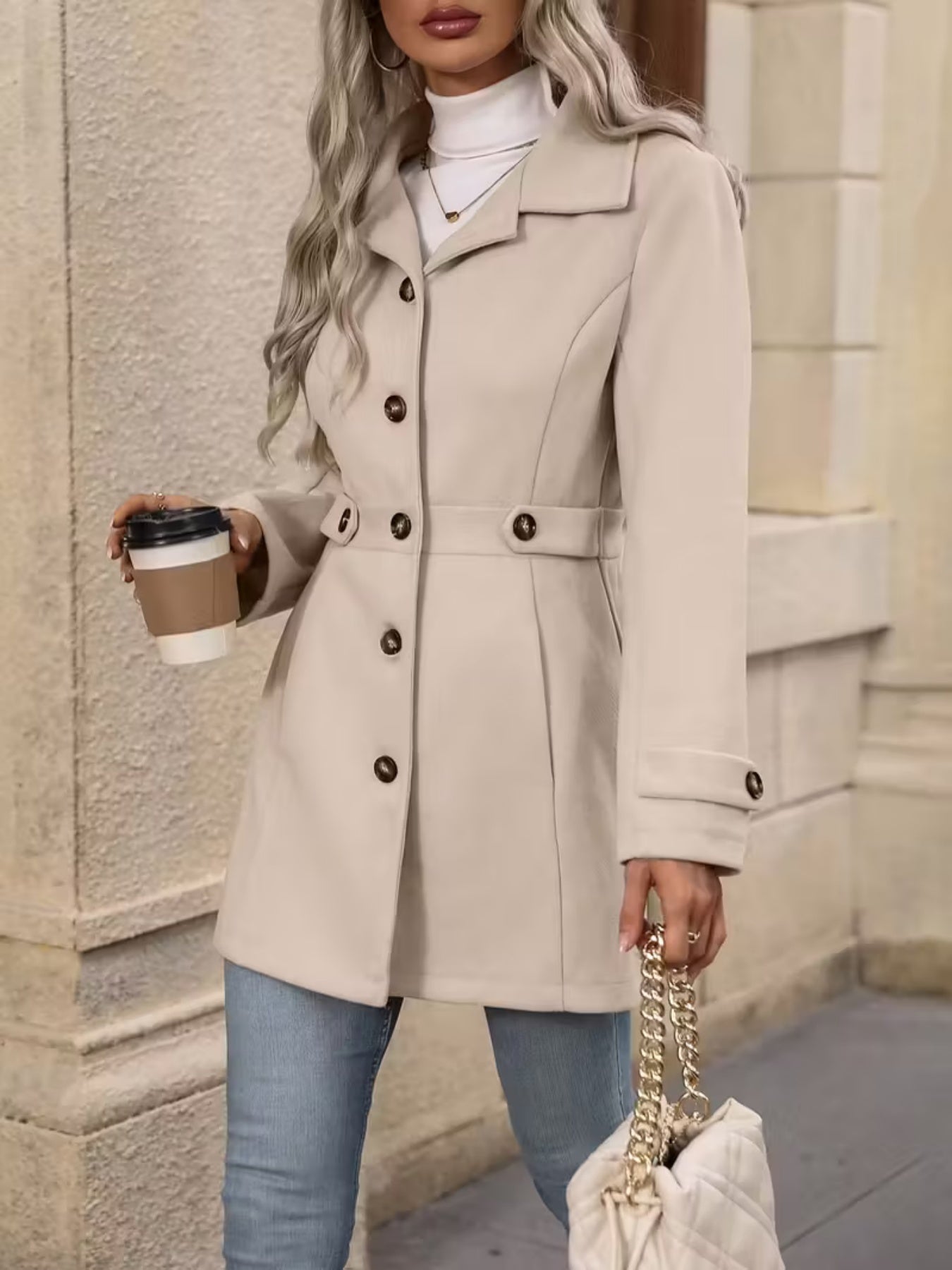 Abrigo de lana elegante para mujer - Abrigo de invierno de corte entallado de longitud media con solapa