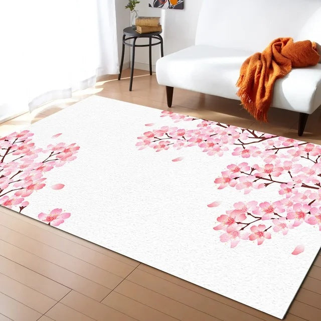 Pastel Cherry Blossom And Crescent Moon Non-Slip Flannel Floor Mat Home Rug Decoration