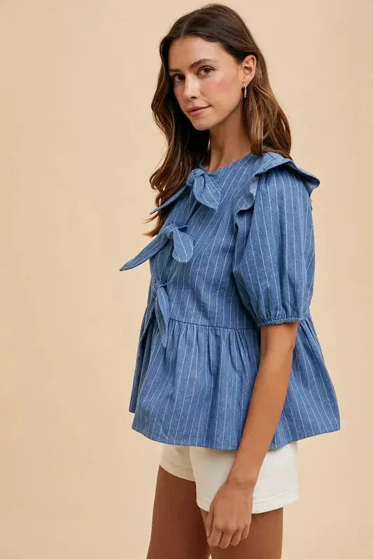 Women's Blouse Peplum Blouse - Stripe Front Bow - Denim Style