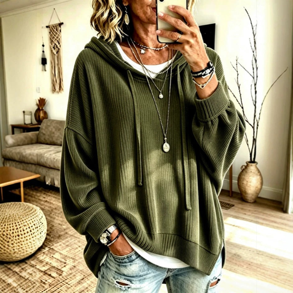 Women Ribbed Knit Drawstring Hoodie, Long Sleeve Drop Shoulder Slit Hem Loose Casual Sweatshirt