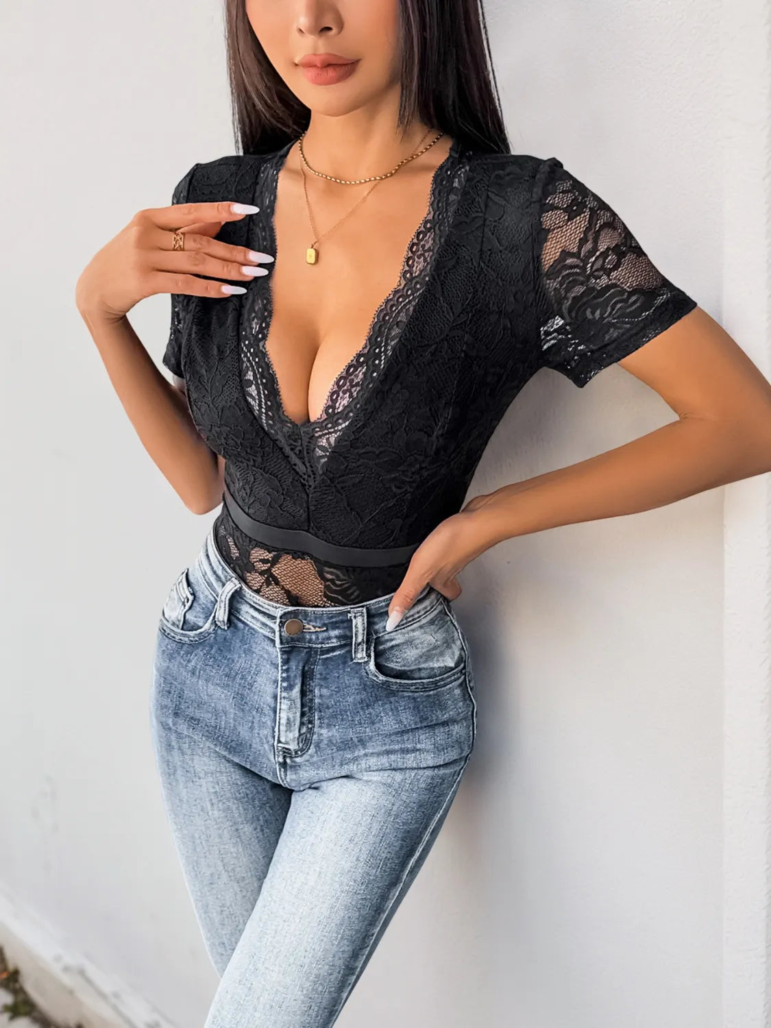 Lace Plunge Short Sleeve Bodysuit