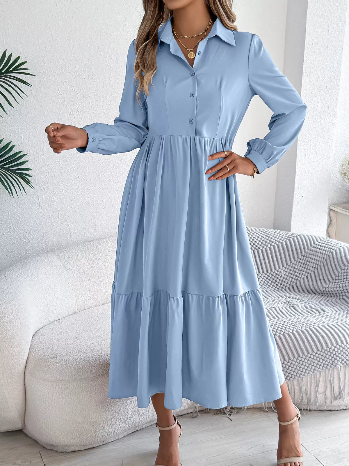 Long Sleeve Tiered Button Front Midi Dress