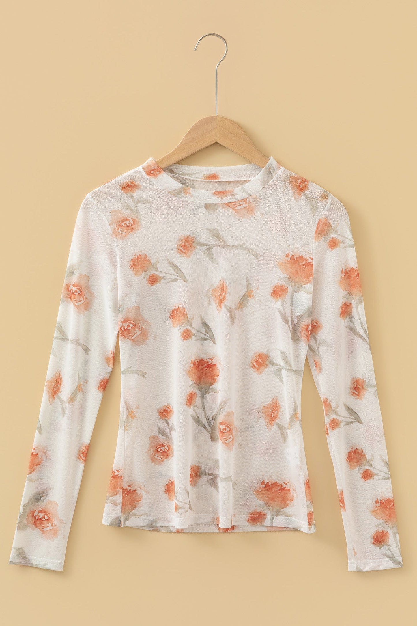 Top casual de manga larga de malla con cuello redondo y estampado floral