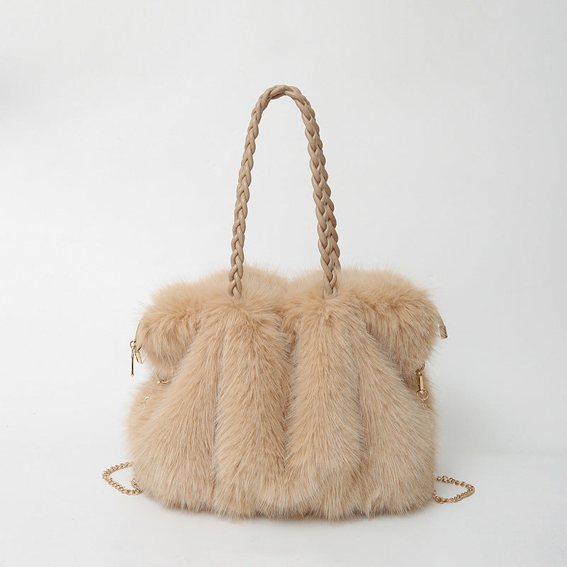 Pleated Faux Fox Fur Shoulder Bag