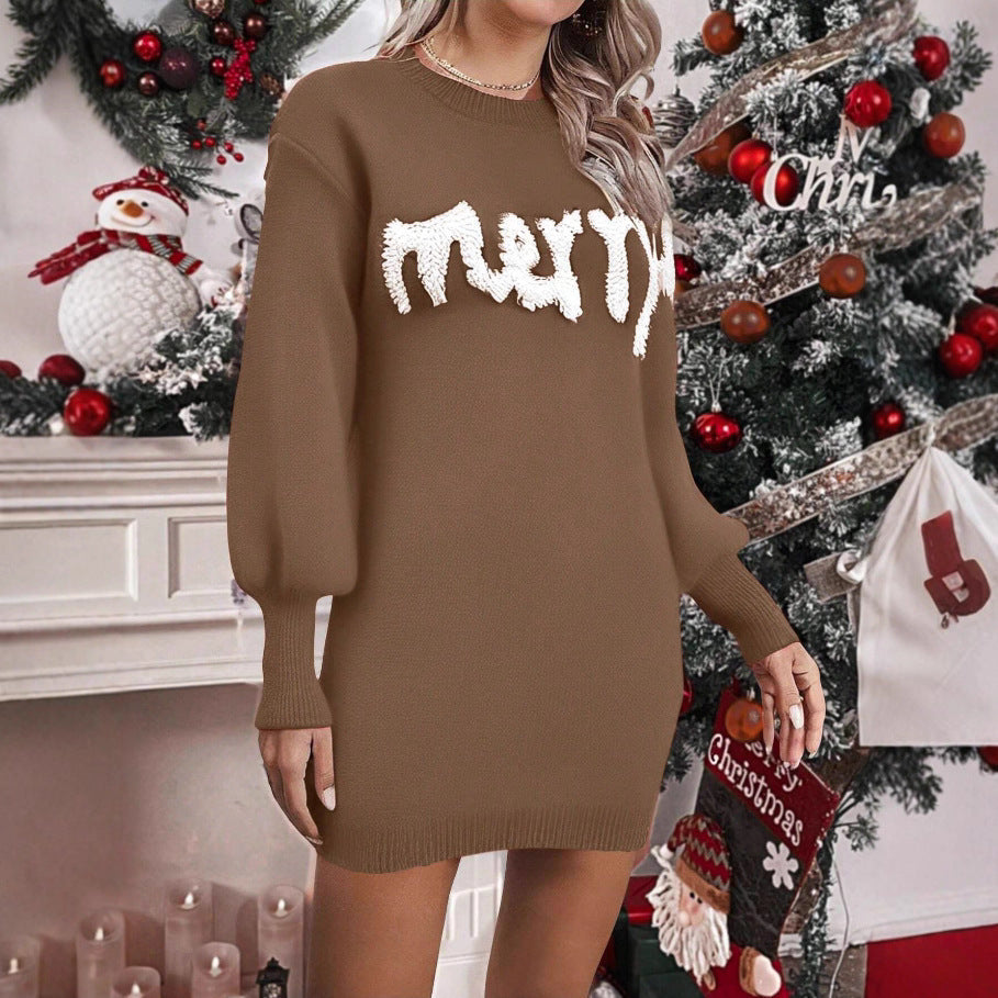 Vestido ajustado de punto de cuello redondo y manga farol para mujer