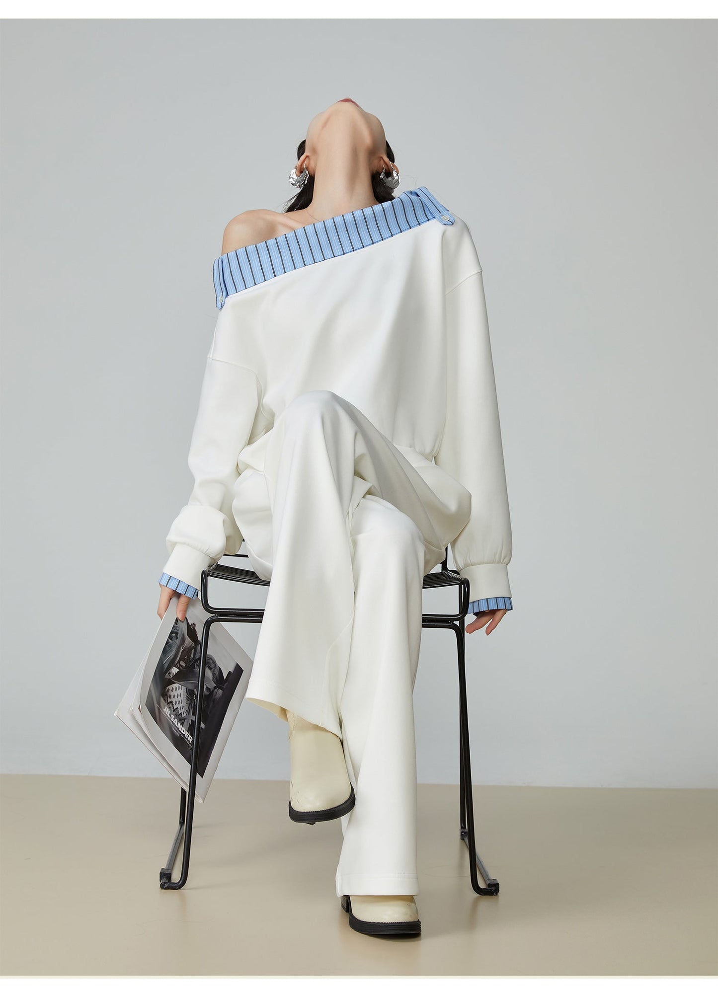 Two Piece Set Of Blue And White Striped Collared Sloping Shoulder Hoodie And Wide Leg Pants See size chart under “more details”