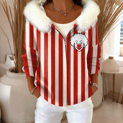 Womens Digital Print Cardigan With Fur-Lined Hooded Sweatshirt