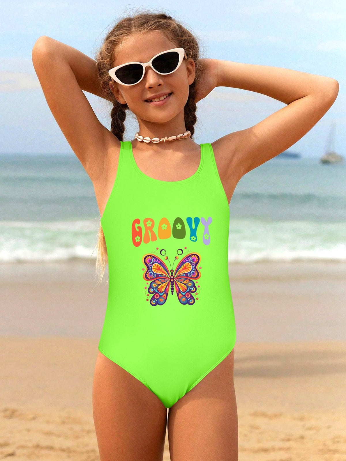Groovy Butterfly Girls' Summer One-Piece Swimsuit (Front Printing)