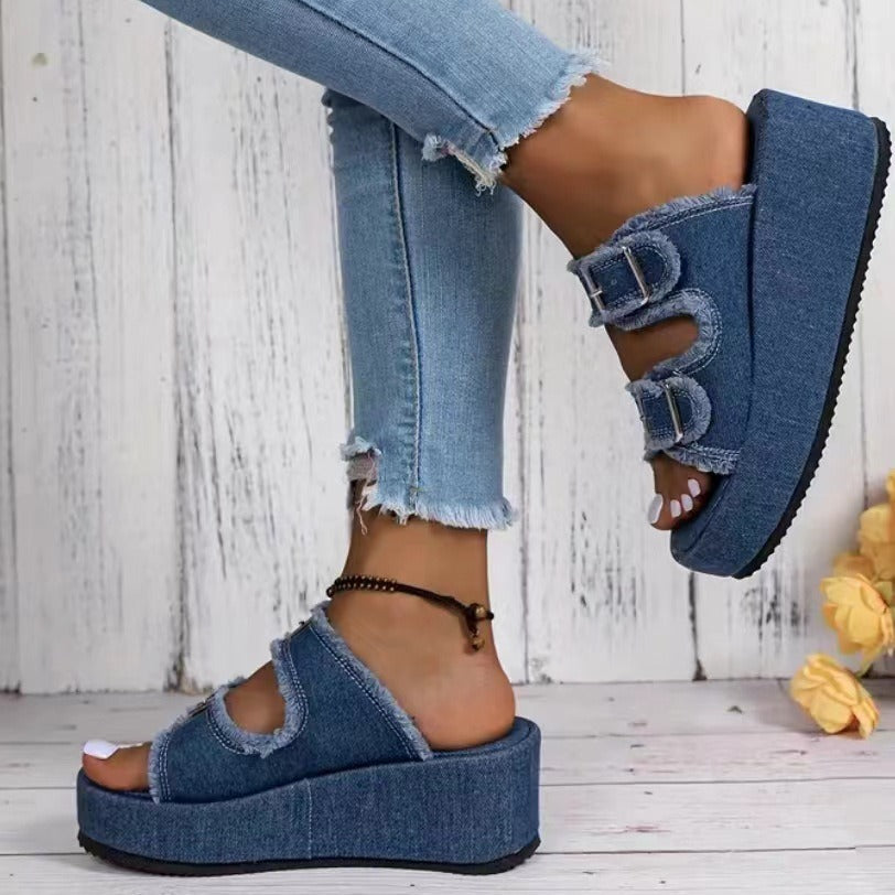 Women's Denim Buckle Platform Wedge Sandals