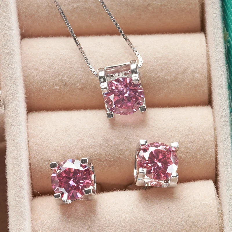 Colored Moissanite Necklace & Stud Earring Set in Silver