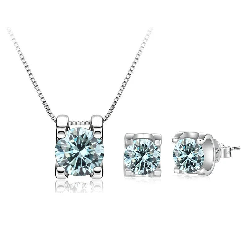 Colored Moissanite Necklace & Stud Earring Set in Silver