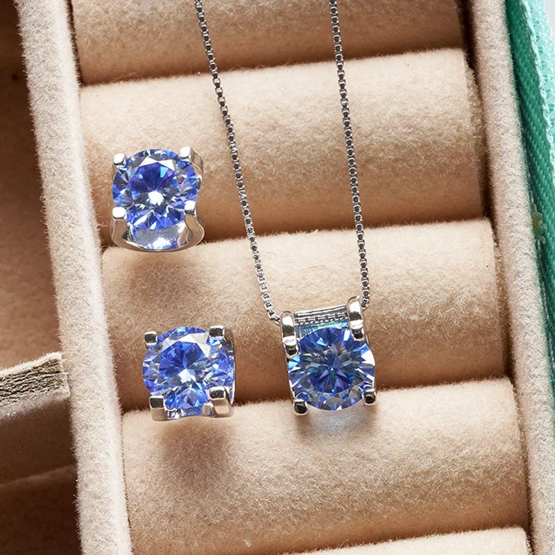 Colored Moissanite Necklace & Stud Earring Set in Silver