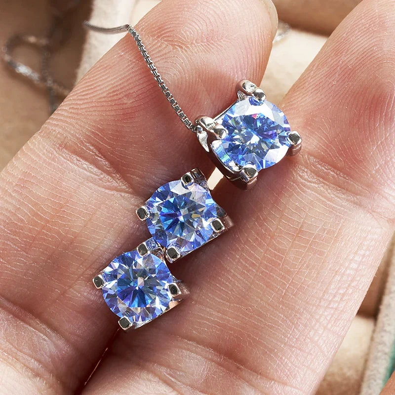 Colored Moissanite Necklace & Stud Earring Set in Silver