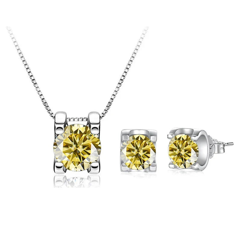 Colored Moissanite Necklace & Stud Earring Set in Silver