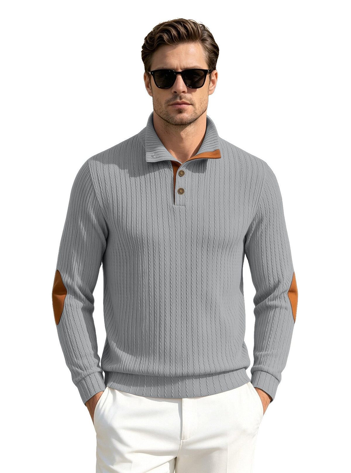 Men's Stand Collar Textured Jacquard Sleeve Patch Sweatshirt, American-Style Plus Size Casual Sports Polo Shirt For Export