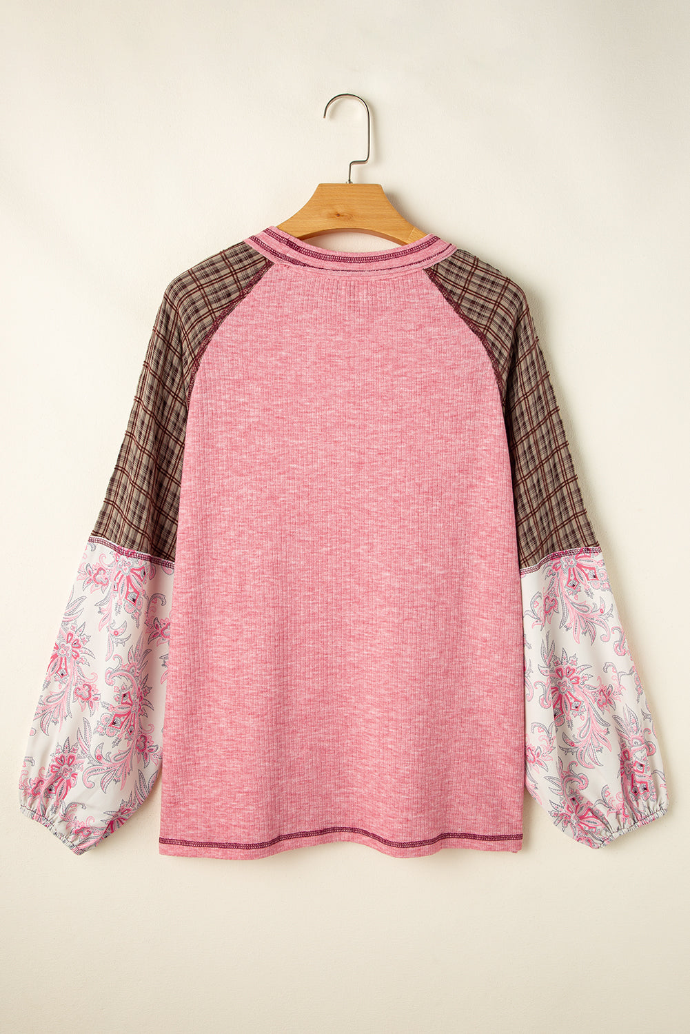 Top de canalé raglán con retazos de estampado mixto a cuadros florales Jet Stream