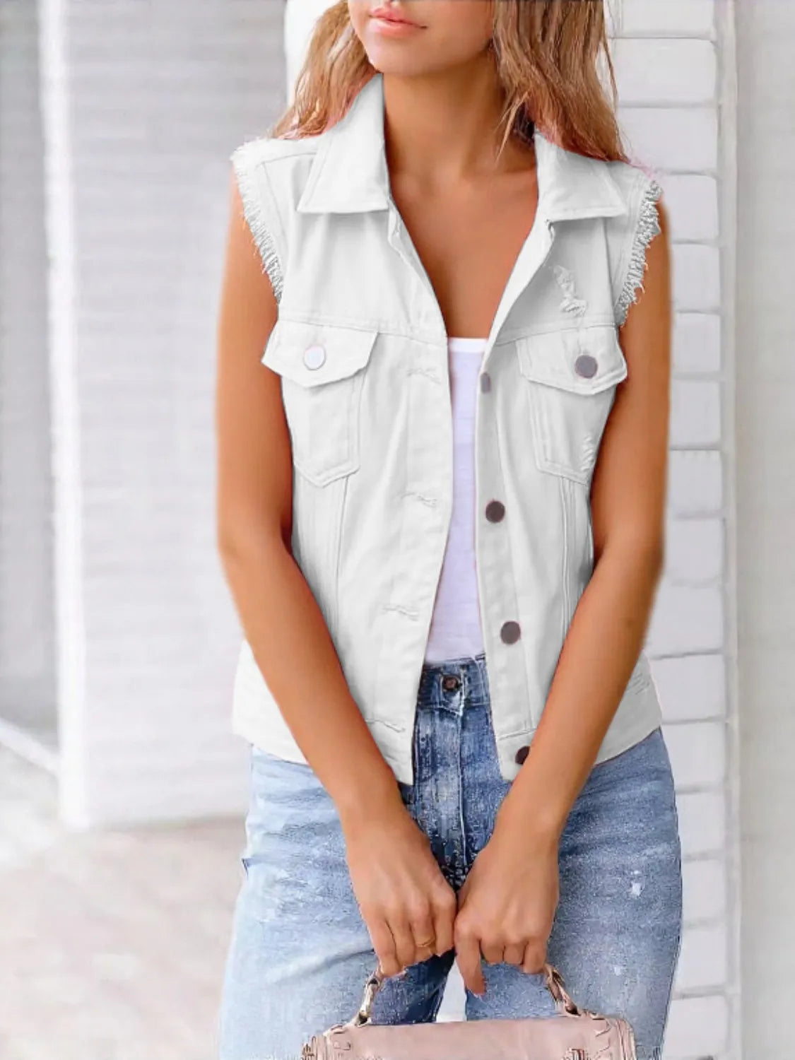 Full Size Sleeveless Frayed Denim Vest Jacket Plus Size
