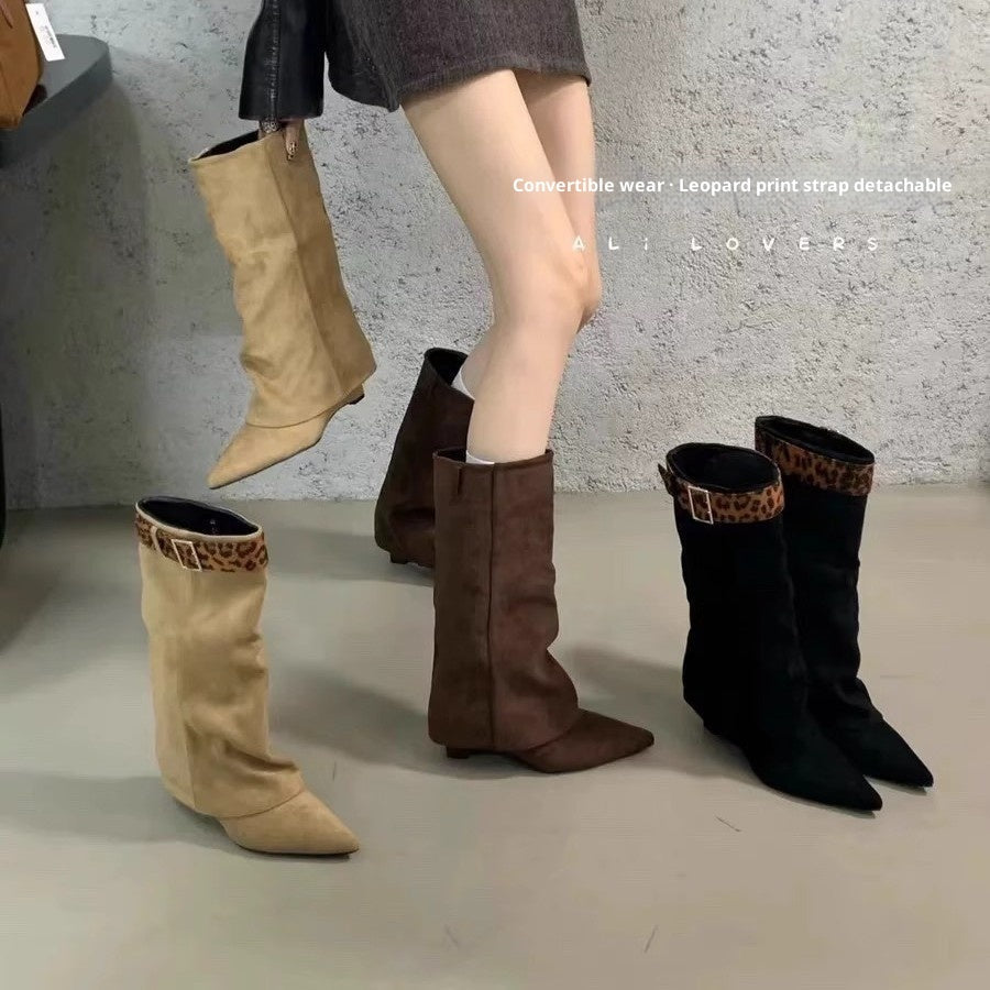 Women's Retro Western Slimming Belt Buckle Middle Boots