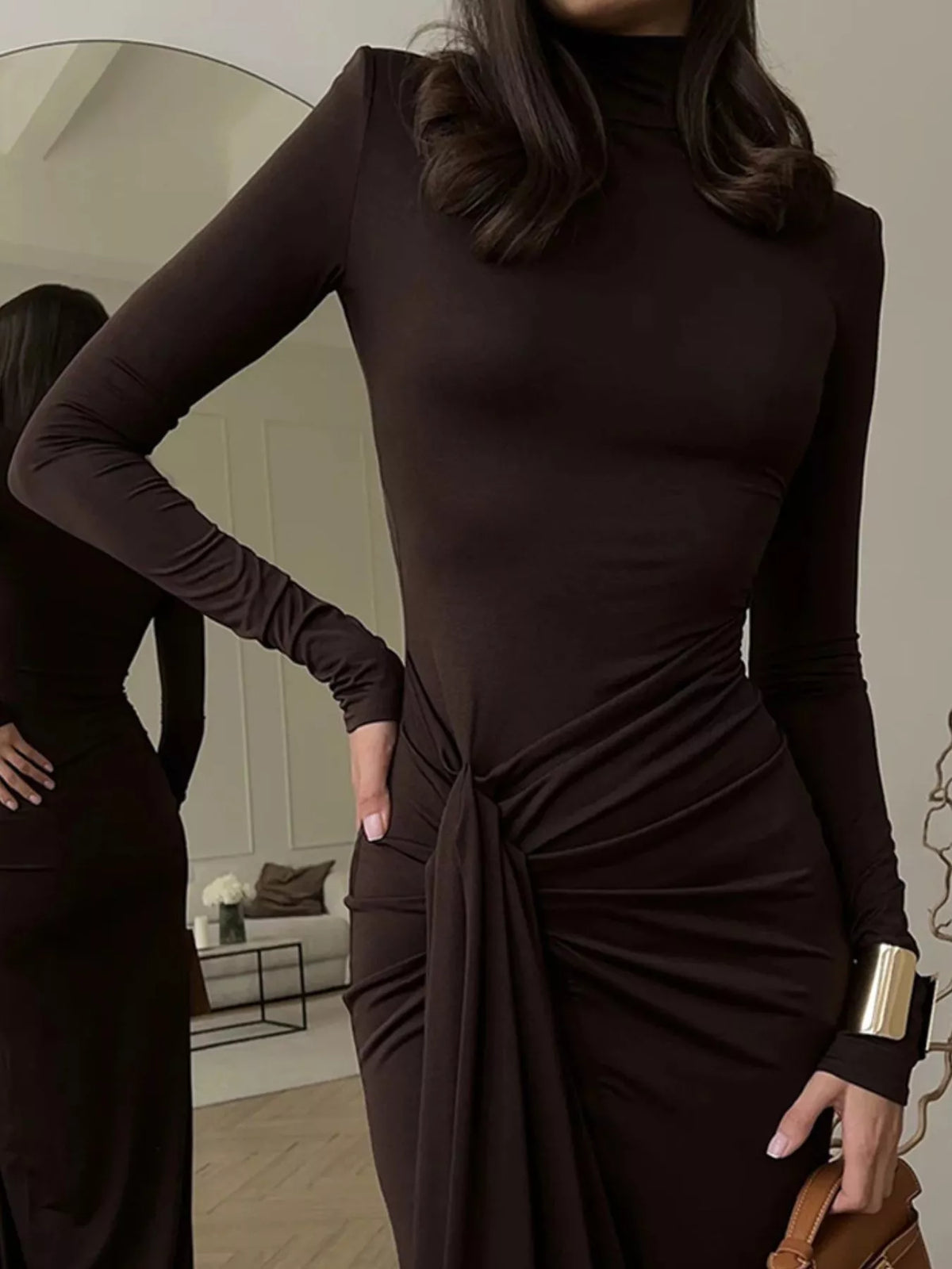 Turtleneck Long Sleeve Slit Maxi Dress