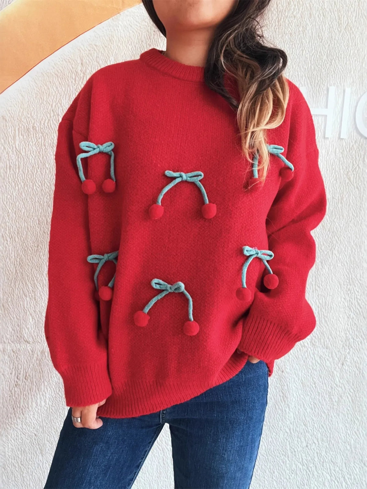 Cherry Round Neck Long Sleeve Sweater