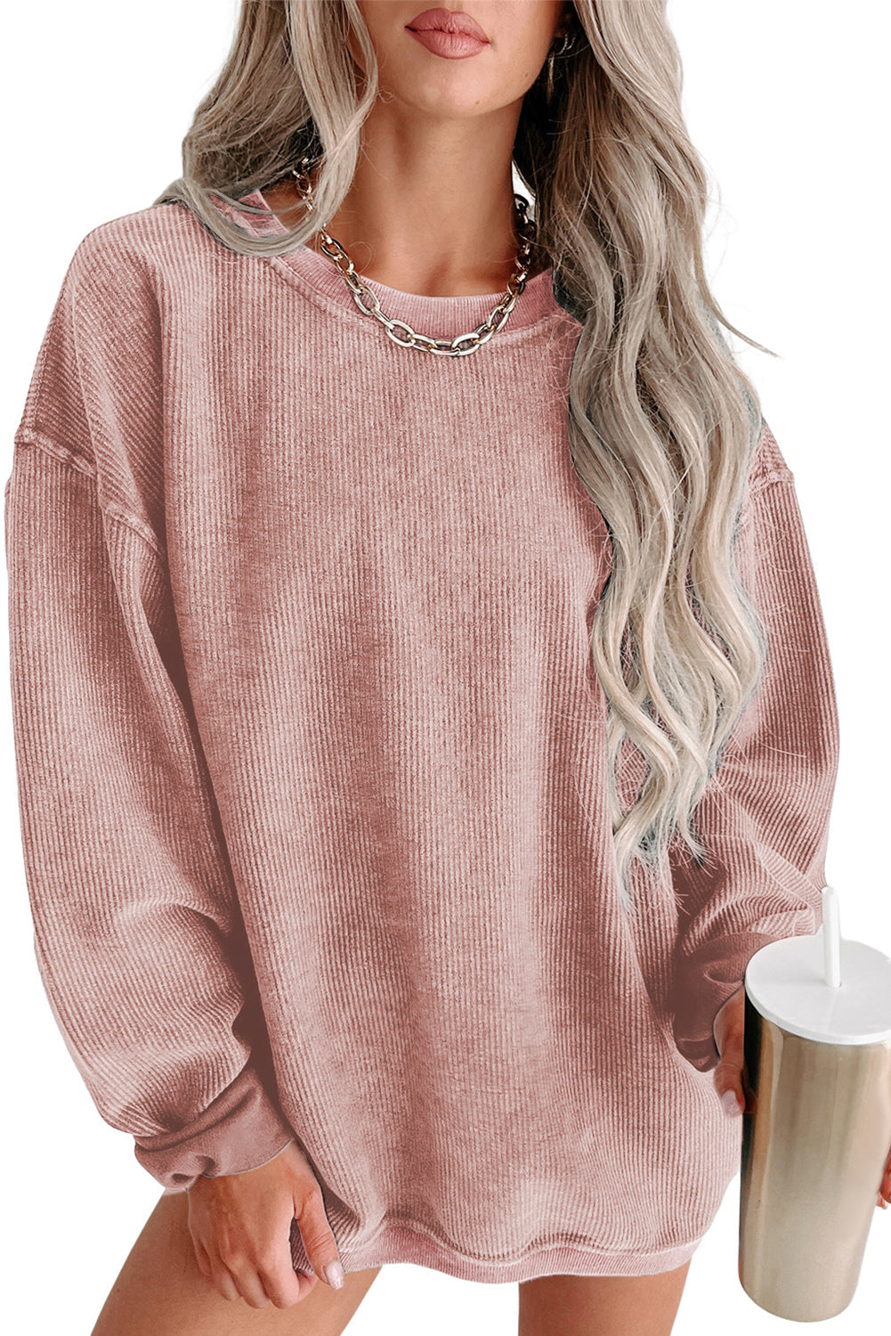 Sudadera Rosa Sólida de Punto Acanalado y Cuello Redondo