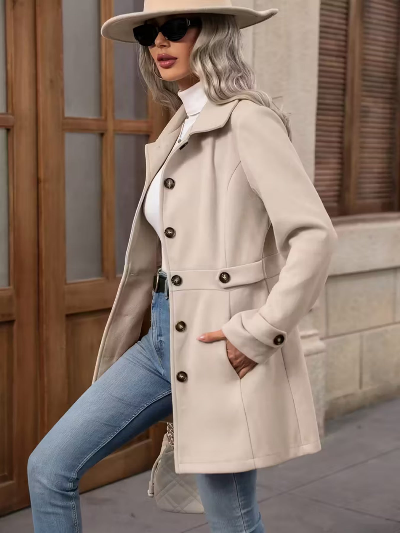 Abrigo de lana elegante para mujer - Abrigo de invierno de corte entallado de longitud media con solapa