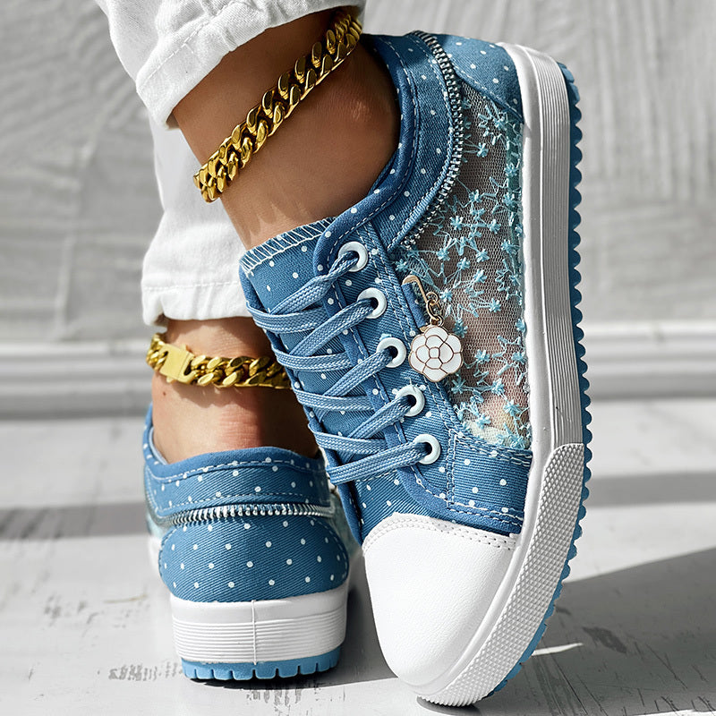 Zapatillas Informales de Lona con Estampado de Lunares y Bordado Floral para Mujer