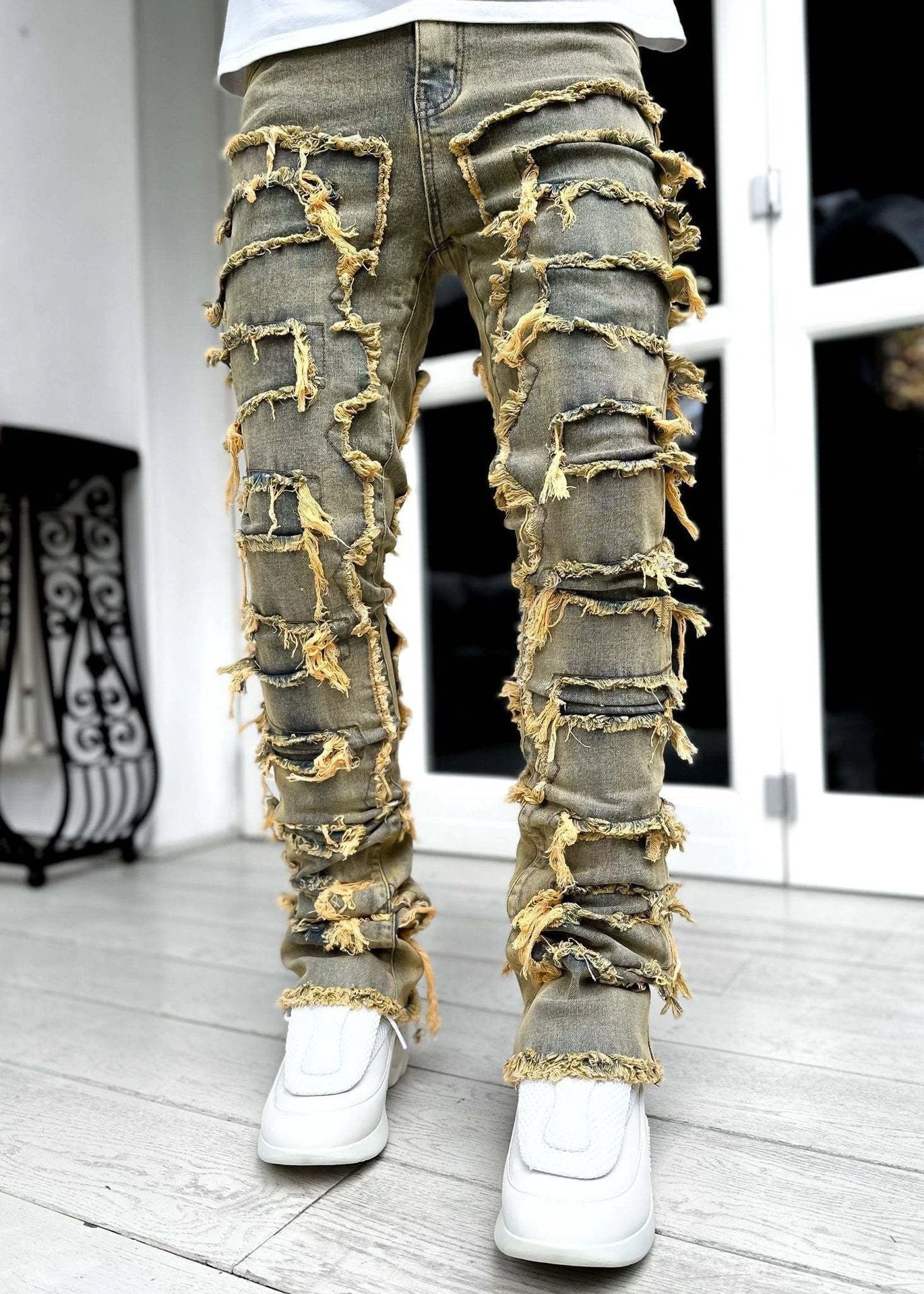 Men's Individual Patched Pants Long Tight Fit Stacked Jeans