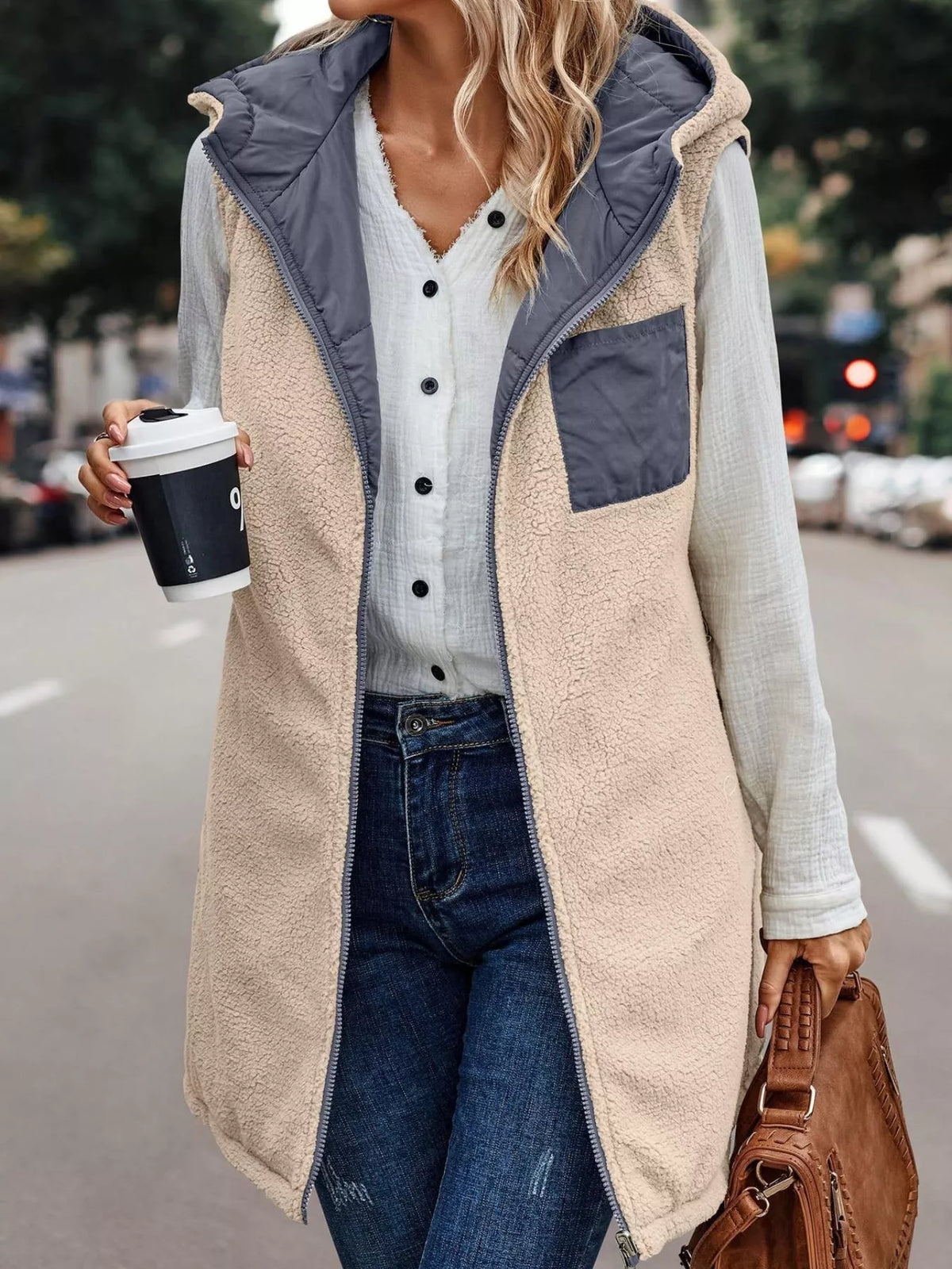 Full Size Hooded Sherpa-Lined Puffer Vest Coat Plus Size