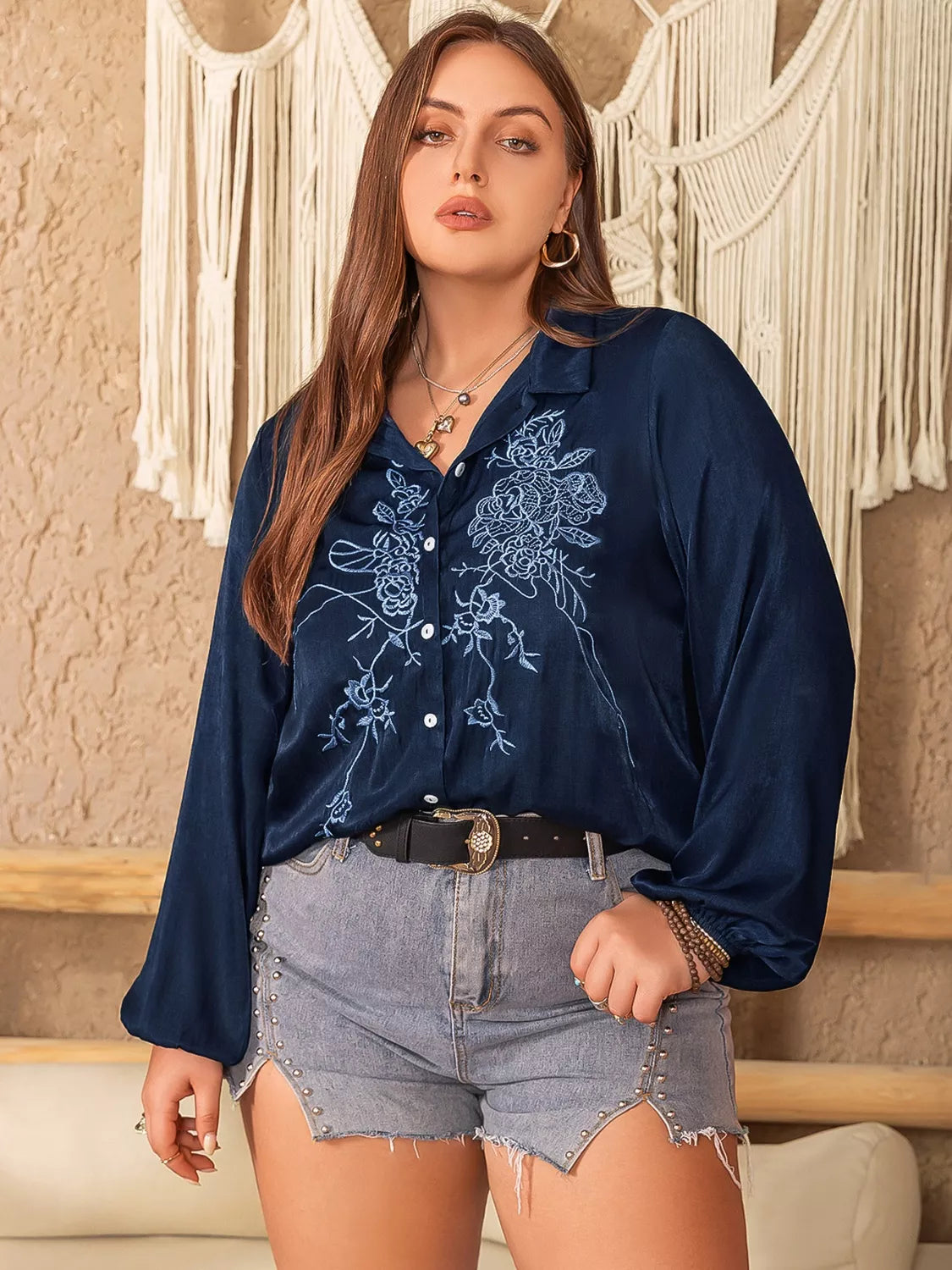 Plus Size Embroidered Long Sleeve Shirt