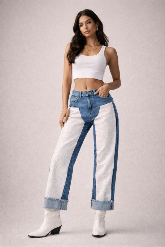 Low Rise Cuffed Jeans with Pink Vinyl Croc Panels See size chart under “more details”