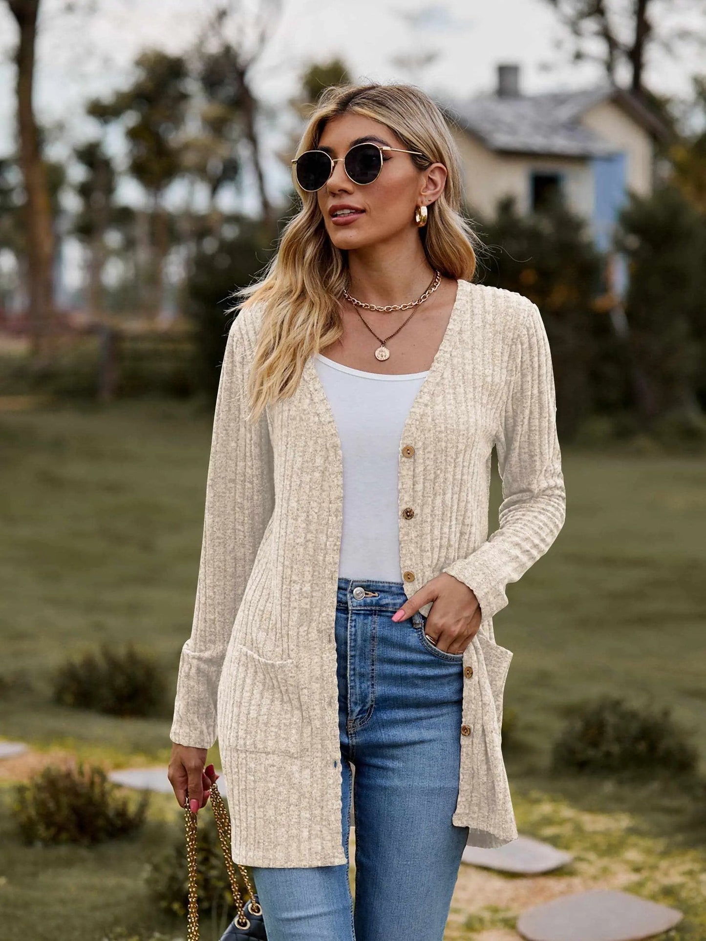 Sweaters Trendsi Heathered ribbed cardigan with pockets