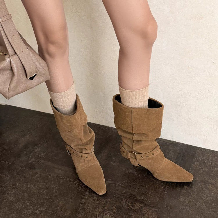 Women's Vintage Short Boots, 2026 Autumn Winter New Rivet Pointed Toe Mid Cuff Slouchy Ruched Stiletto Heel Boots With Belt Buckle