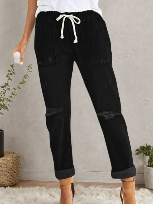Pantalones vaqueros elásticos distressed para mujer – Joggers casuales de cintura elástica