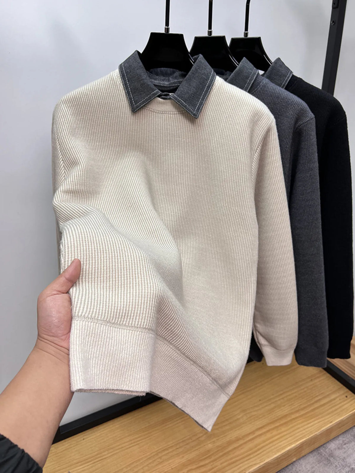 Men's Plus Size Ribbed Knit Collared Neck Sweater