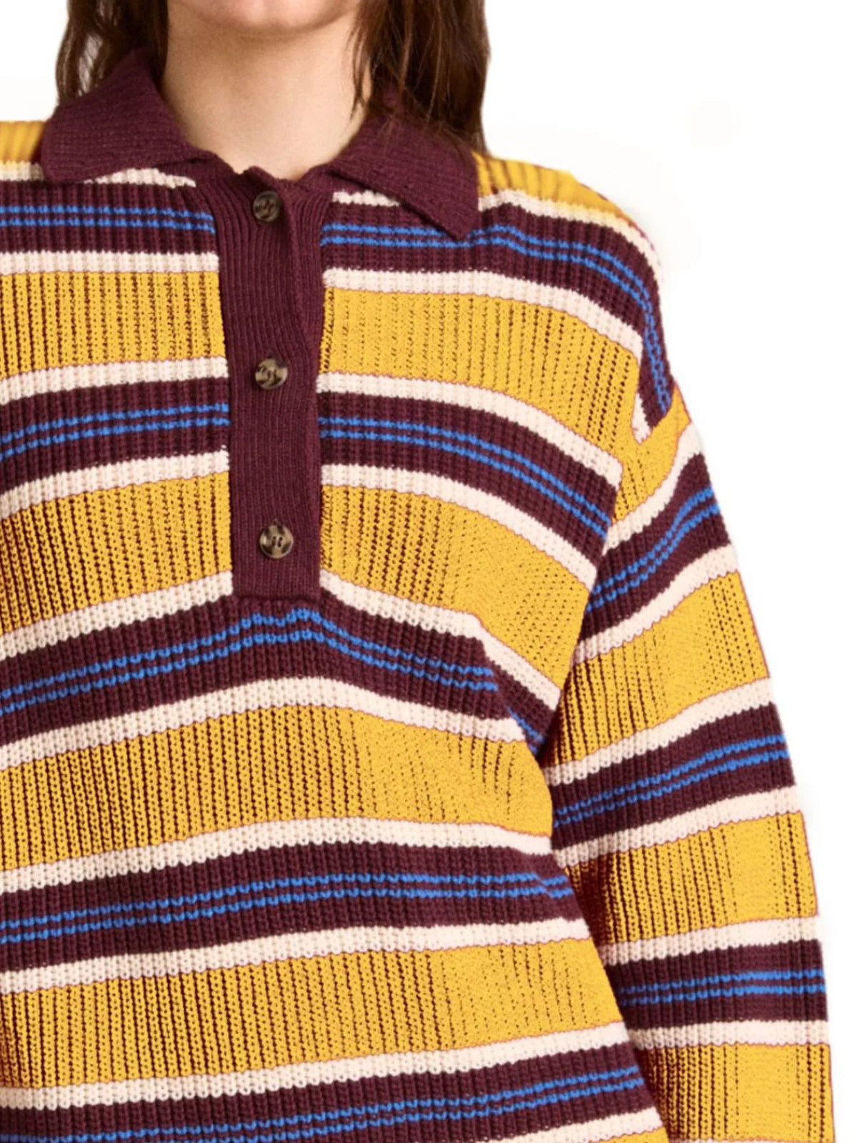 Striped Button Detail Polo Collar Sweater