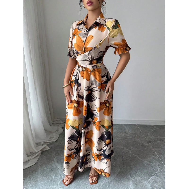Vestido estampado de mujer con mangas abullonadas – Estilo con cuello de blusa y lazo en la cintura