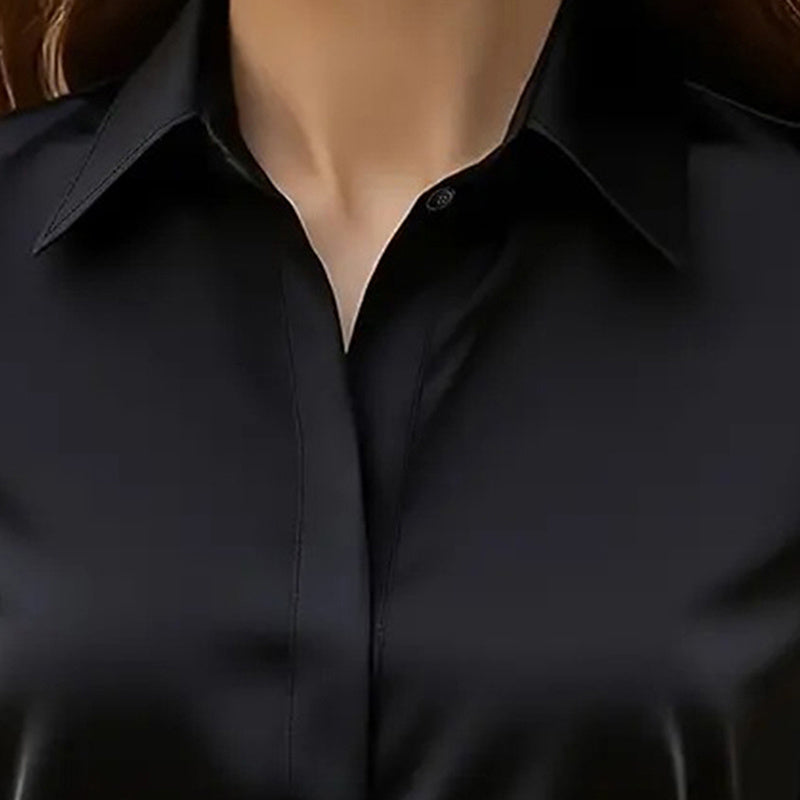 Blusa de satén de corte holgado — Túnica de manga larga con cuello en V para oficina y uso casual